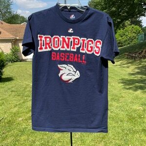 Men's small Iron Pigs Baseball short sleeve t-shirt Blue spell out Majes…
